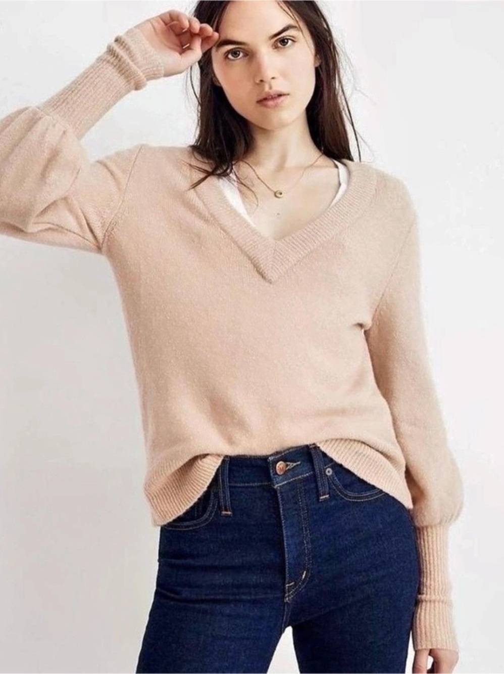 Madewell Balloon-Sleeve Pullover Sweater V-Neck Tan XL